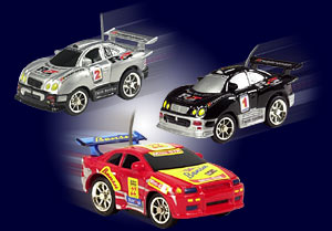 3 micro race cars and batteries