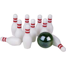 A tiny ten pin bowling set  20cm pack. The skittles are less than 4cm high. Cleverly packaged with