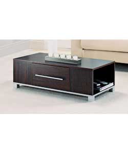 Wenge effect storage coffee table with sliver effect matching handle, feet and bottom panel