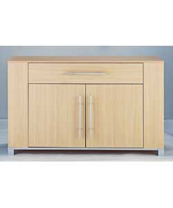 Size (H)73, (W)120, (D)44cm.Light oak finish. 2 internal shelves and 1 base shelf.  4 external shelv