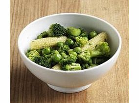 Minted broccoli florets, green beans, baby corn and peas.