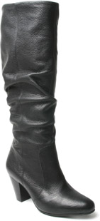 Leather knee high boot with ruche detail. The Minty boot has an almond toe and a stack heel; a class