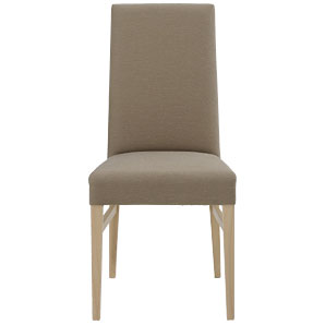 Contemporary tall dining chair with gently sloping back, made from natural beech and upholstered in 