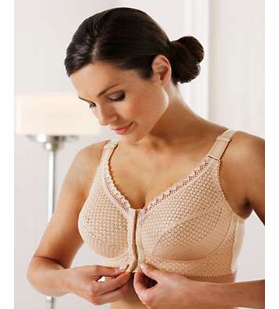 Short, soft cup bra with front fastening, in rigid cotton fabric and stretch cotton fabric at back. Featuring support construction in bottom cup, hidden hook and eye fastening at front, stretch straps that are adjustable at front and placed tightly a