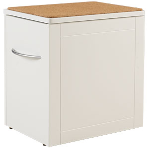Dual purpose bathroom stool / linen basket in white with hinged, cork-topped lid