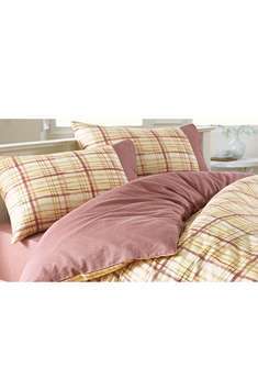 Comprising quilt cover and pillowcase(s) in printed mixed check design with plain contrasting cuff. 