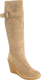 Suede high leg boots with buckled strap detail. The Moan boots have an almond toe and high wedge hee