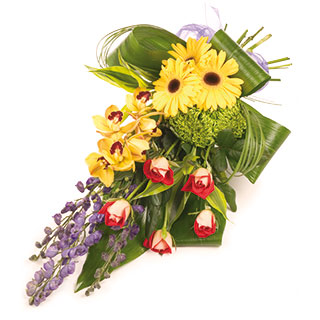 A contempary hand tied sheaf in golds and reds.