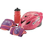Rucksack, childs cycle helmet, knee and elbow padset and water bottle