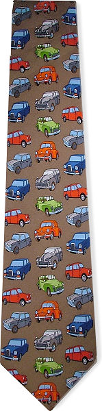 A great tie for classic car fans with colourful old Morris Minors all over on a dark golden backgrou
