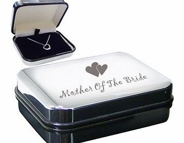 This fabulous Mother Of Bride Heart Necklace Box makes a great thank you gift for helping on your special day. The stirling silver necklace features a cute heart motif and is placed in a lovely silver keepsake box that has been engraved with heart mo