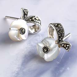 Marcasite and sterling silver earrings with a carved mother-of-pearl flower
