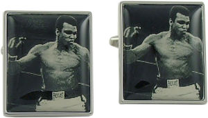 A great set of boxing cufflinks featuring a black and white photo of Muhammad Ali.
