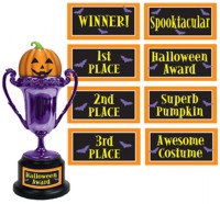 This purple trophy with peeking pumpkin can be customised using the labels included to be an award f