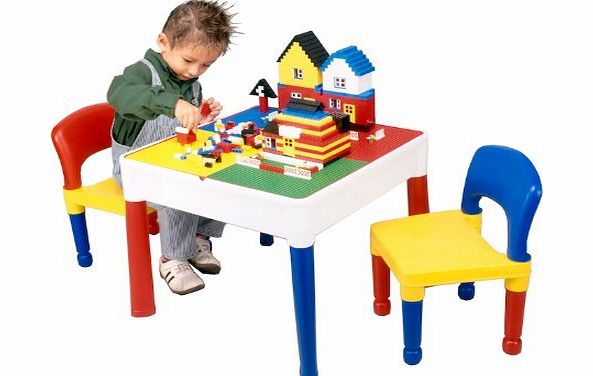 A multi purpose table with storage space under the reversible table top - one side provides a smooth surface suitable for drawing. painting and writing. whilst the other side is designed to fit all leading brands of building blocks including LEGO. Du