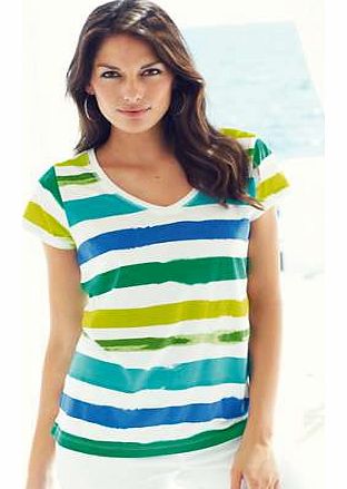 Work the neon trend in a commercial way in this fabulous printed cotton stripe t-shirt, with v-neckline and cap sleeves. T-Shirt Features: Washable 100% Cotton Length approx. 66 cm (26 ins)