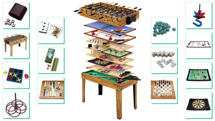 This sturdy games table in light oak finish features 20 games, including table football, air hockey,
