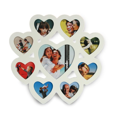 Multiple Heart Photo Frame Display 9 photos of your loved one in this multiple heart photo frame. One central heart is surrounded by eight smaller hearts and the frame is made of MDF with a white coating. Each mini frame has its own backing plate and