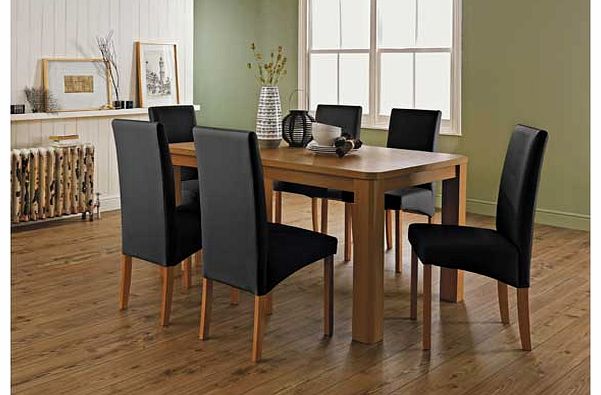 From the Mursley collection. this dining set brings a modern edge to your home. This oak effect table comes with 6 chairs that have a wood frame and leather effect seat pads and back rests. This Mursley dining set is perfect for both formal and casua