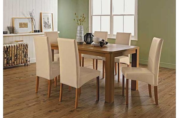 From the Mursley collection. this oak effect dining table with chairs will bring a bright. fresh look to your dining room. This wood table comes with 6 wood chairs that have leather effect seat pads and back rests. This Mursley dining set is perfect 