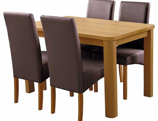 Give your home a stylish edge with this dining table and chairs from the Mursley collection. This wood table has an oak veneer finish and the 4 chairs have an oak effect finish and leather effect seat pads and back rests. This Mursley dining set is p