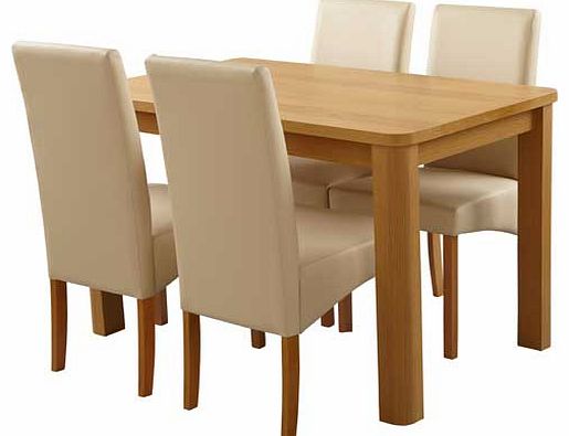 From the Mursley collection. this oak effect dining table with chairs will bring a bright. fresh look to your dining room. This wood table comes with 4 wood chairs that have leather effect seat pads and back rests. This Mursley dining set is perfect 