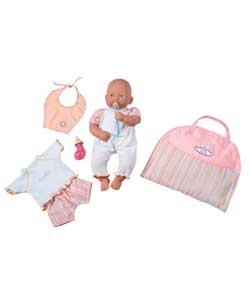 Includes 36cm non function doll, bottle, dummy, bib and playsuit. Changing bag opens to become a