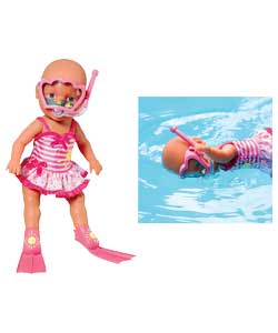 Water activated doll that swims different strokes and blows magic bubbles. Includes snorkel, mask, f