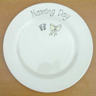 Signed and Sealed 27.5cm Naming Ceremony plate. A hand painted silver relief edged cream bow with