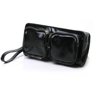 Patent purse with zipped double fronted pockets. The Naomi purse has a hand strap and zipped main co