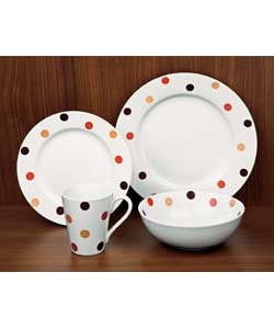 4 place settings.Polka dot design.Set contains 4 dinner plates, 4 side plates, 4 bowls and 4 mugs.Di