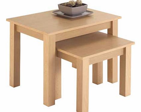 This nest of tables in a modern beech effect is stylish and functional in your home. A great space saver and ideal for a range of uses. These tables are attractive and practical at the same time. Collect in store today. Size of largest table H47. W56