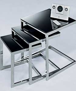 Size of largest table (L)40, (W)40, (H)44.5cm.Chrome frames with black glass tops.Weight 9.8kg.Self 