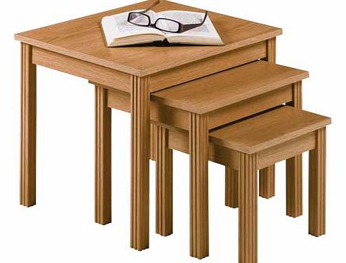 This nest of tables looks great in a classic or contemporary style room. Finished in an oak effect with detailed groove legs they are simple. functional and stylish. Collect in store today. Size of largest table H43.5. W47. D39cm. Weight 10kg. Genera