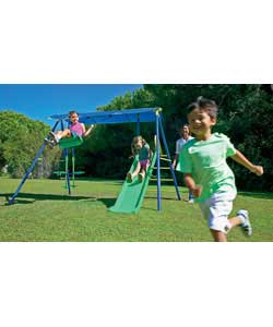 Features unique sun canopy.2 child glide rider.Adjustable swing and space saving built-in
