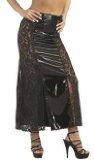 Sexy black ankle length PVC vinyl skirt with transparent lateral lace detail and front slit. Small, 