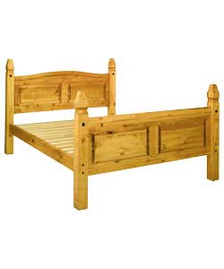 Solid pine double bedstead with an antique stain. Size (W)152.2, (L)205.2, (H)110cm. Supplied with s