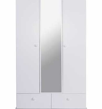 Finished in a cool white. the new Stirling collection offers great bedroom storage pieces. This attractive three door. two drawer wardrobe is ideal for storing and organising your clothes. The mirrored front will add a sense of light and space in you