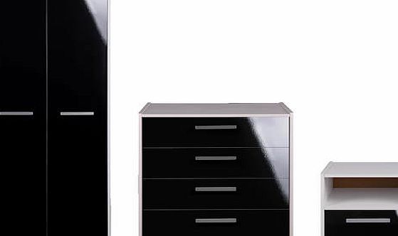 Part of the New Sywell collection. Chest of drawers: Size H72. W69. D40cm. 4 drawers. Bedside chest: Size H39. W40. D40cm. 1 drawer. Wardrobe: Size H172. W71. D50cm. 1 hanging rail. 40 drawers with metal runners. Made of wood effect. Plastic handles.