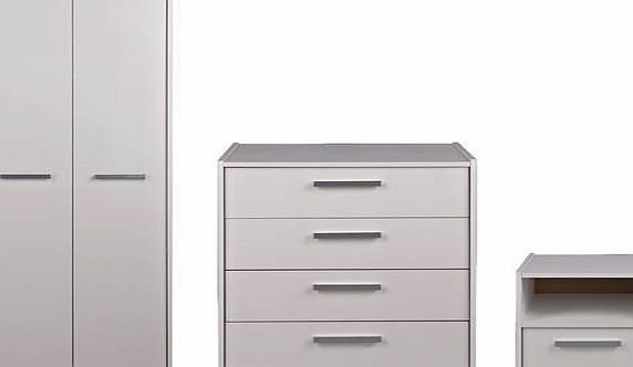 Part of the New Sywell collection. Chest of drawers: Size H72. W69. D40cm. 4 drawers. Bedside chest: Size H39. W40. D40cm. 1 drawer. Wardrobe: Size H172. W71. D50cm. 1 hanging rail. 40 drawers with metal runners. Made of wood effect. Plastic handles.