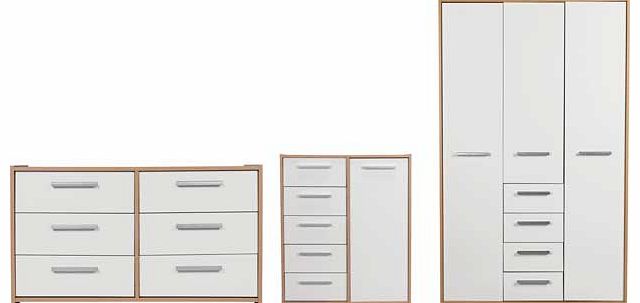 Transform your bedroom with the contemporary New Sywell white on oak package. Including a spacious wardrobe. chest of drawers with eight drawers and a chest unit with five drawers. this is a stylish storage solution for any bedroom. Deeper drawers pr