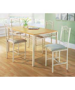 Dining table with cream coloured metal frame and a beech effect table top. Chairs have cream
