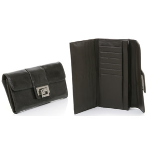 Stylish patent purse with flap over metal lock fastening closure. The Nia also features credit cards