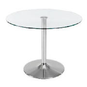 This sleek and chic contemporary brushed steel dining table with circular clear glass top is designe