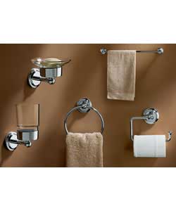 Chrome plated. Set includes the following: Towel ring. Toilet roll holder. Toothbrush holder. Soap d