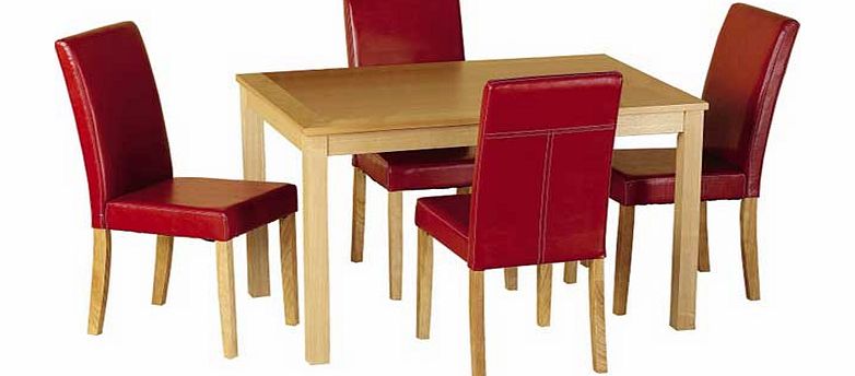 This stylish table is compact. chunky and modern. the set comes complete with 4 faux leather red chairs. Part of the Oakmere collection. Table: Size H73. L117. W80cm. Oak veneer table. Oak veneer legs. Oak veneer finish. Chairs: 4 chairs. Size of eac