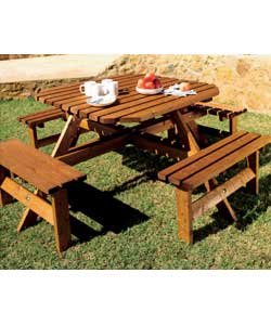 Sturdy 8 seater pine picnic bench. Size (H)74, (W)194, (D)194cm