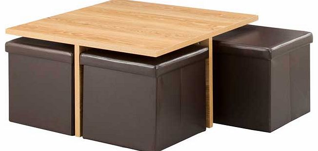 This functional coffee table offers you a stylish and convenient storage solution. 4 leather effect ottomans stow underneath the coffee table and provide ample storage space for books