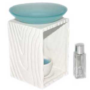 The oil dffuser set contains four miniture Saki cup candles, a frosted blue glass dish and a