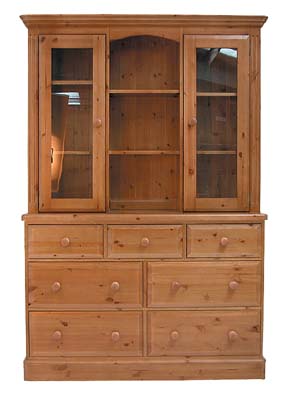 PINE 4FT 6IN GLASS TOP DRESSER WITH DRAWERS.THE DRAWERS HAVE DOVETAILED JOINTS WITH TONGUE AND